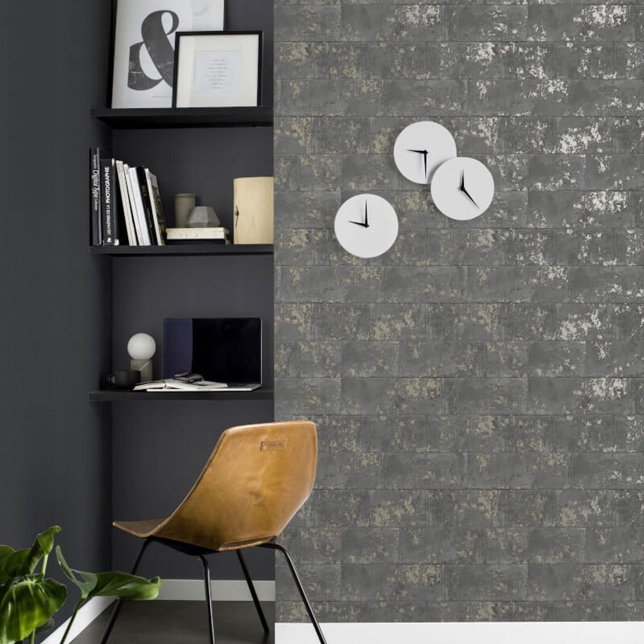 Portfolio Metallic Brick Wallpaper - Charcoal Metallic - Rasch - 248685Wallpaper199