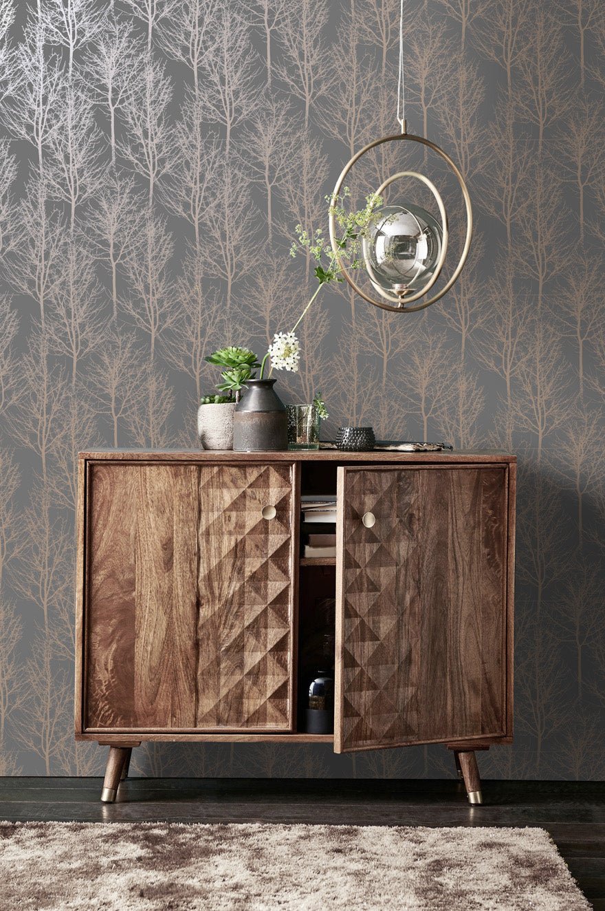 Rhea Trees Wallpaper - Dark Grey Rose Gold - Holden Décor - 90761Wallpaper199