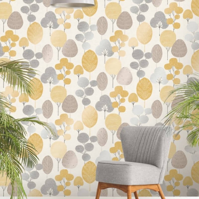 Scandi Forest Tree Metallic Wallpaper - Mustard/Grey - Crown - M1530Wallpaper199