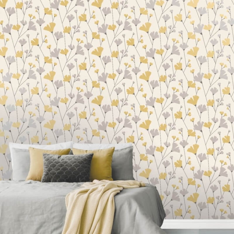 Scandi Modern Floral Metallic Wallpaper - Mustard/Grey - Crown - M1529Wallpaper199