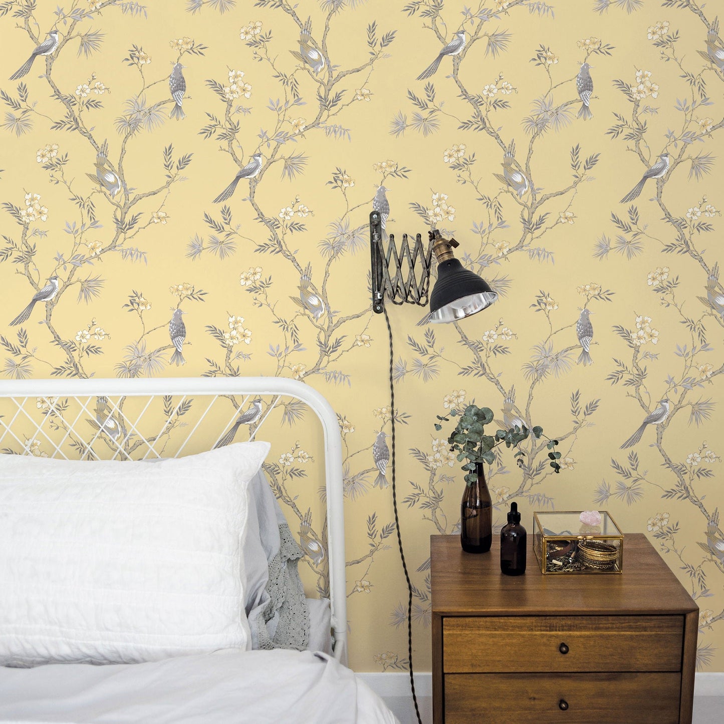Secret Garden Classic Bird Trail Wallpaper - Yellow / Grey - Galerie - G78494Wallpaper199