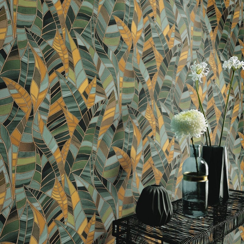Serenade Leaf Metallic Wallpaper - Green - Elle Decoration - 10446 - 19Wallpaper199