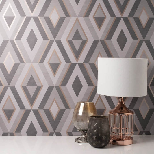 Shard Geometric Metallic Wallpaper - Charcoal/Rose - Fine Décor - FD42607Wallpaper199