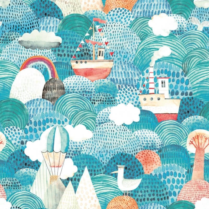 Ships Ahoy Wallpaper - Aqua/Coral - Hoopla Walls - HWA1304WWallpaper199