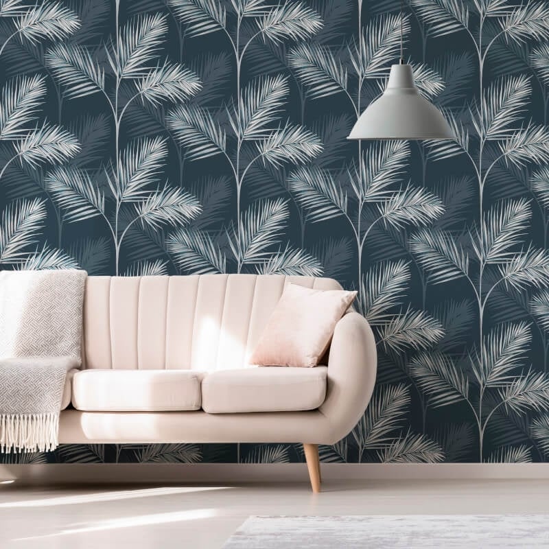 South Beach Palm Leaf Metallic Wallpaper - Navy/Grey - Fine Décor - FD42681Wallpaper199