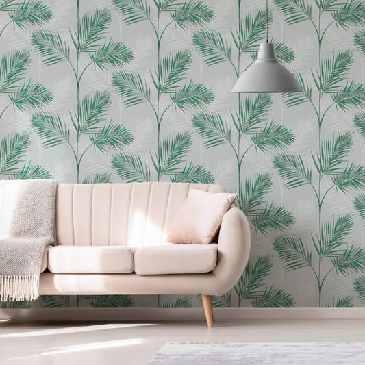 South Beach Palm Leaf Metallic Wallpaper - Stone/Green - Fine Décor - FD42678Wallpaper199