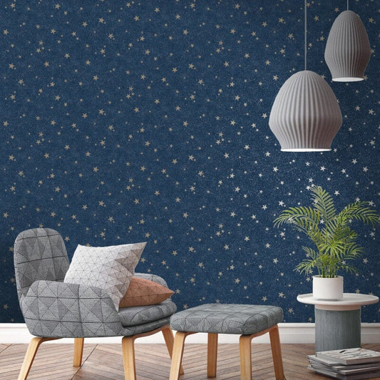 Starlight Stars Metallic Wallpaper - Navy/Gold - Crown - M1490Wallpaper199