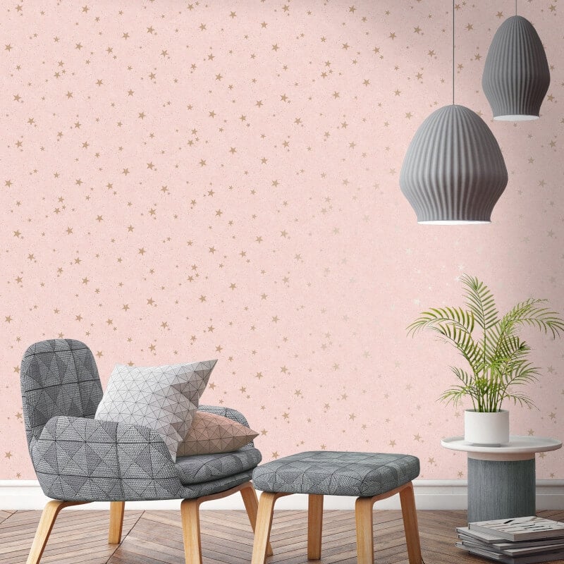 Starlight Stars Metallic Wallpaper - Pink/Gold - Crown - M1492Wallpaper199