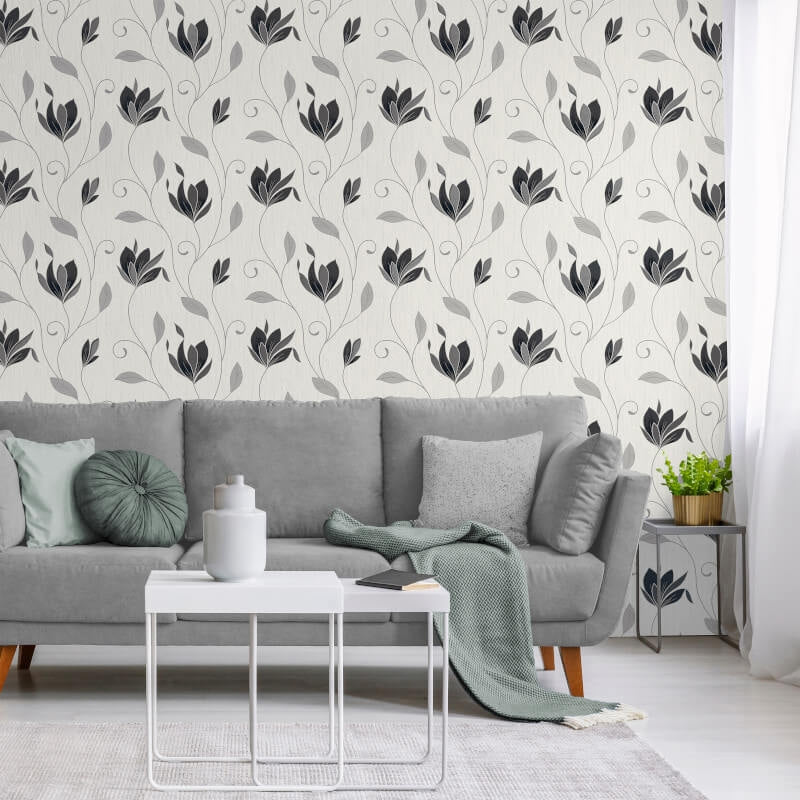Synergy Floral Glitter Wallpaper - Black/Silver - Crown - M1719Wallpaper199