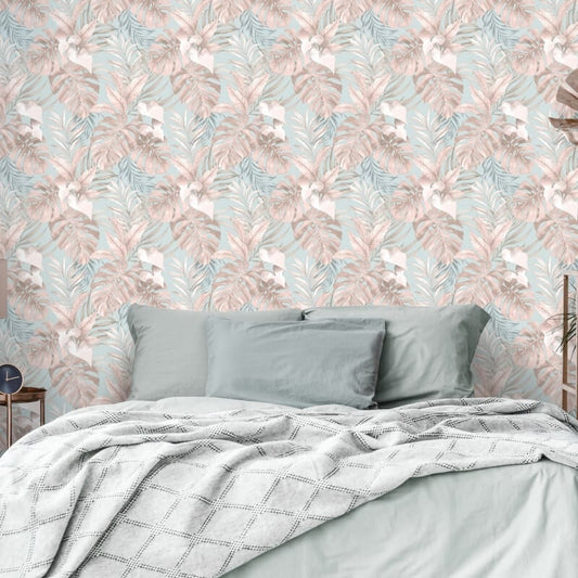 Teeva Jungle Leaf Wallpaper - Duck Egg/Blush - Muriva - 183502Wallpaper199