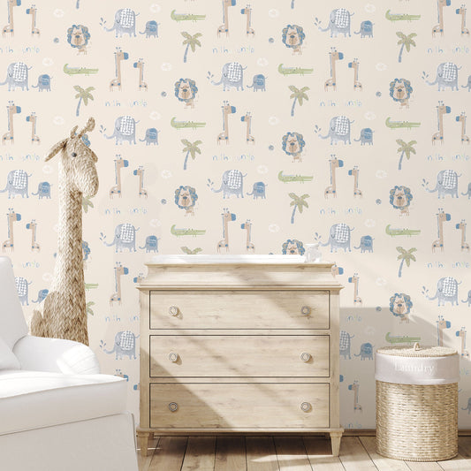 Tiny Tots 2 Jungle Friends Wallpaper - Beige / Safari Green - Galerie - G78378Wallpaper199