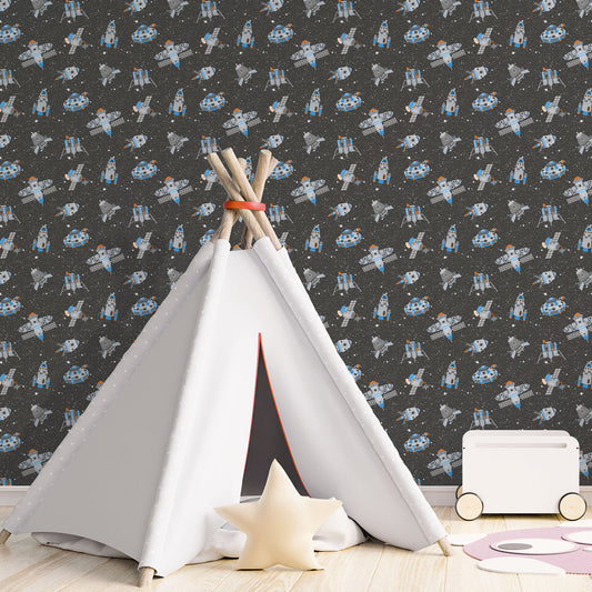 Tiny Tots 2 Spaceships Wallpaper - Black / Blue / Orange / Glitter - Galerie - G78410Wallpaper199