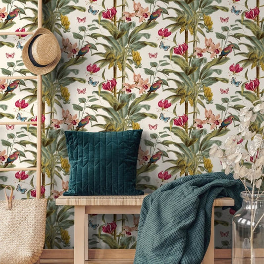 Tropical Palm Butterflies Wallpaper - Pink Multi - Grandeco - JF2001Wallpaper199