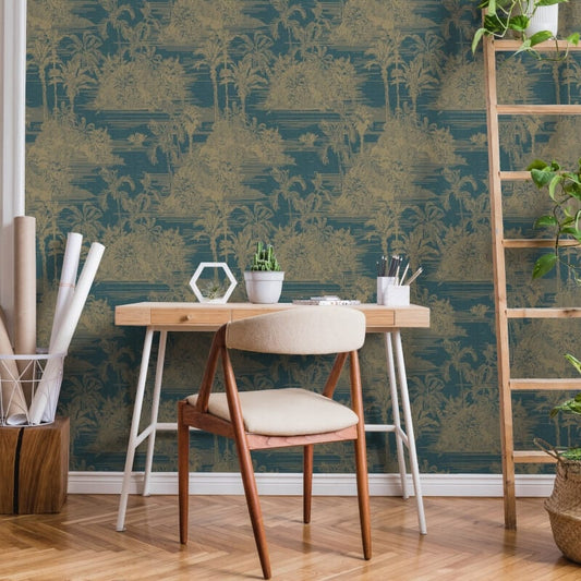 Tropical Toile Wallpaper - Blue/Gold - Muriva - M37301Wallpaper199