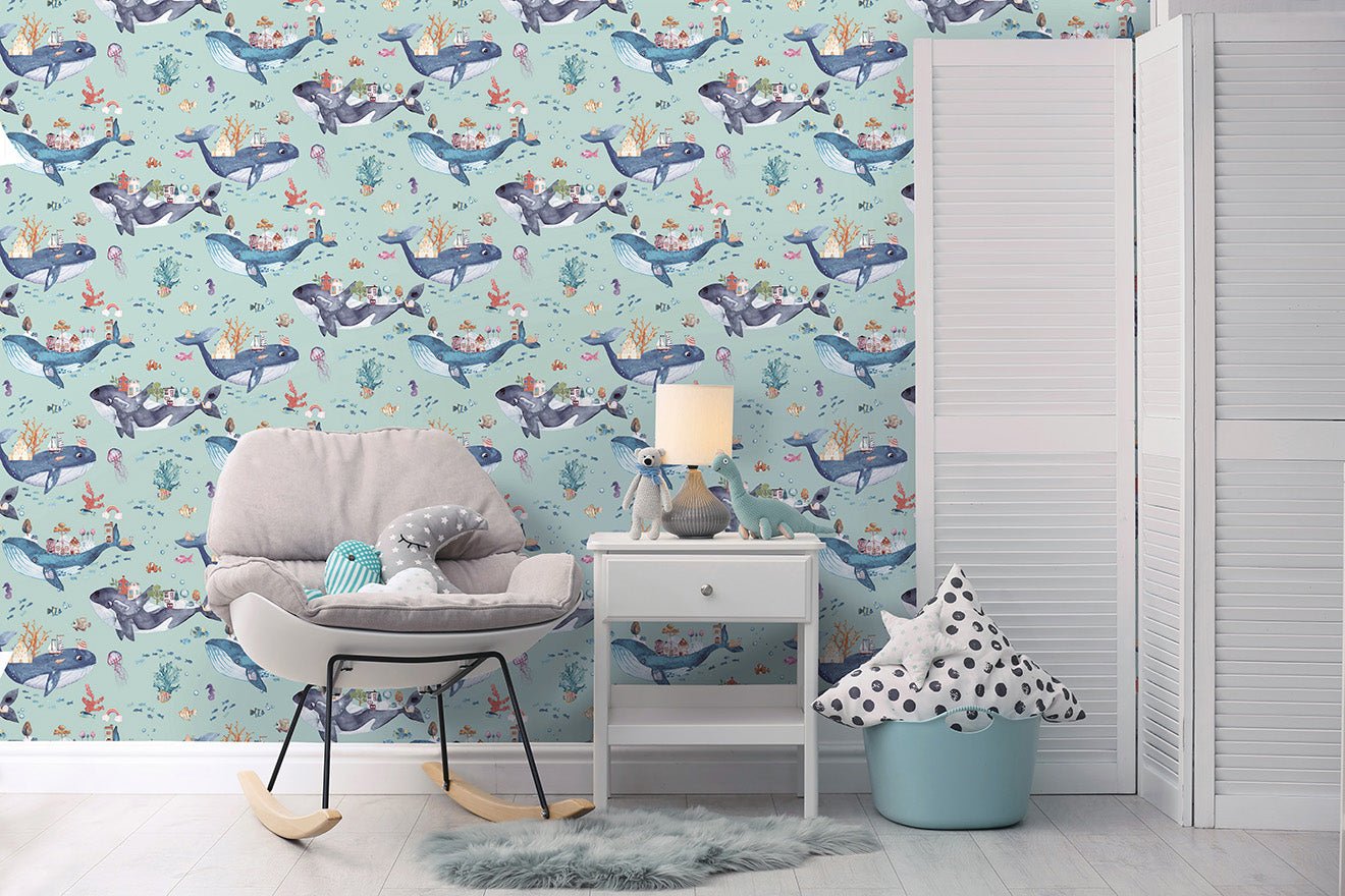 Whale Town Wallpaper - Soft Teal - Holden Décor - 13221Wallpaper199