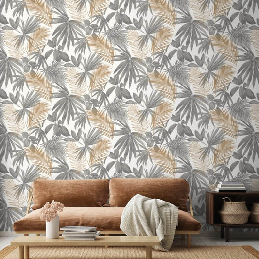 Wild Palm Leaves Metallic Wallpaper - Grey/Gold - Grandeco - JF3601Wallpaper199
