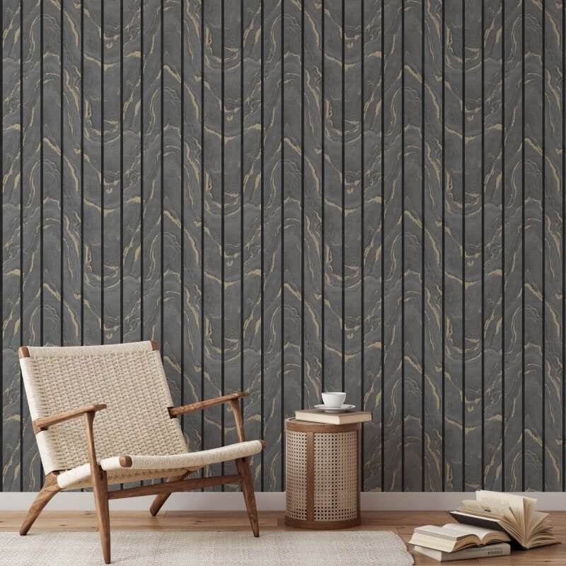 Woodgrain Panel Metallic Wallpaper - Charcoal/Gold - Muriva - 193503Wallpaper199