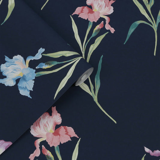 127399 - Hawling Irises Wallpaper - Midnight Seaspray - Laura Ashley