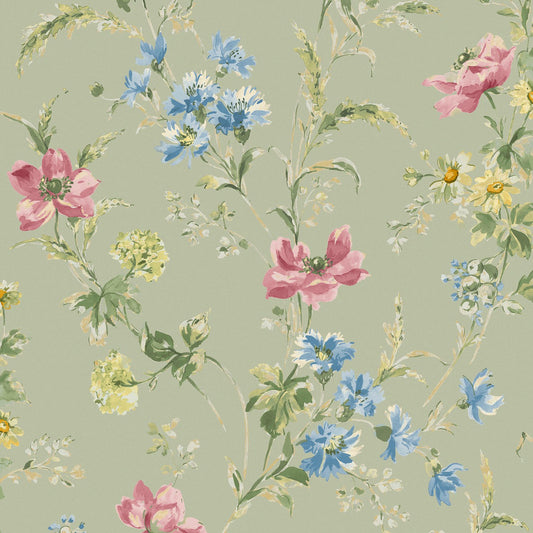 127405 - Poppy Meadow Wallpaper - Sage Green - Laura Ashley
