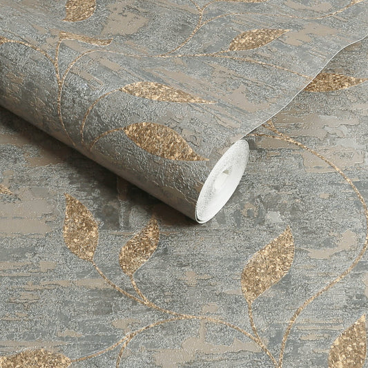 128796 - Ornamental Leaf Wallpaper - Steel & Gold - Boutique Luxury