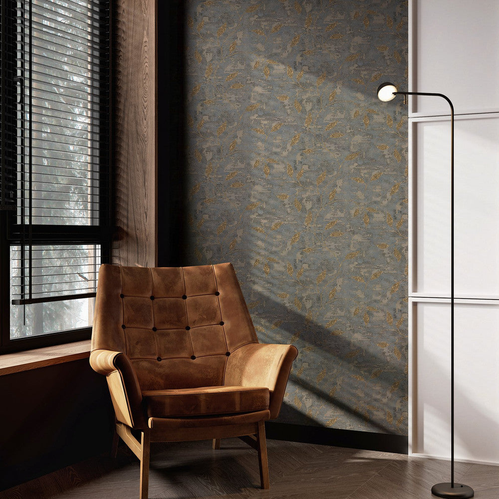 128796 - Ornamental Leaf Wallpaper - Steel & Gold - Boutique Luxury