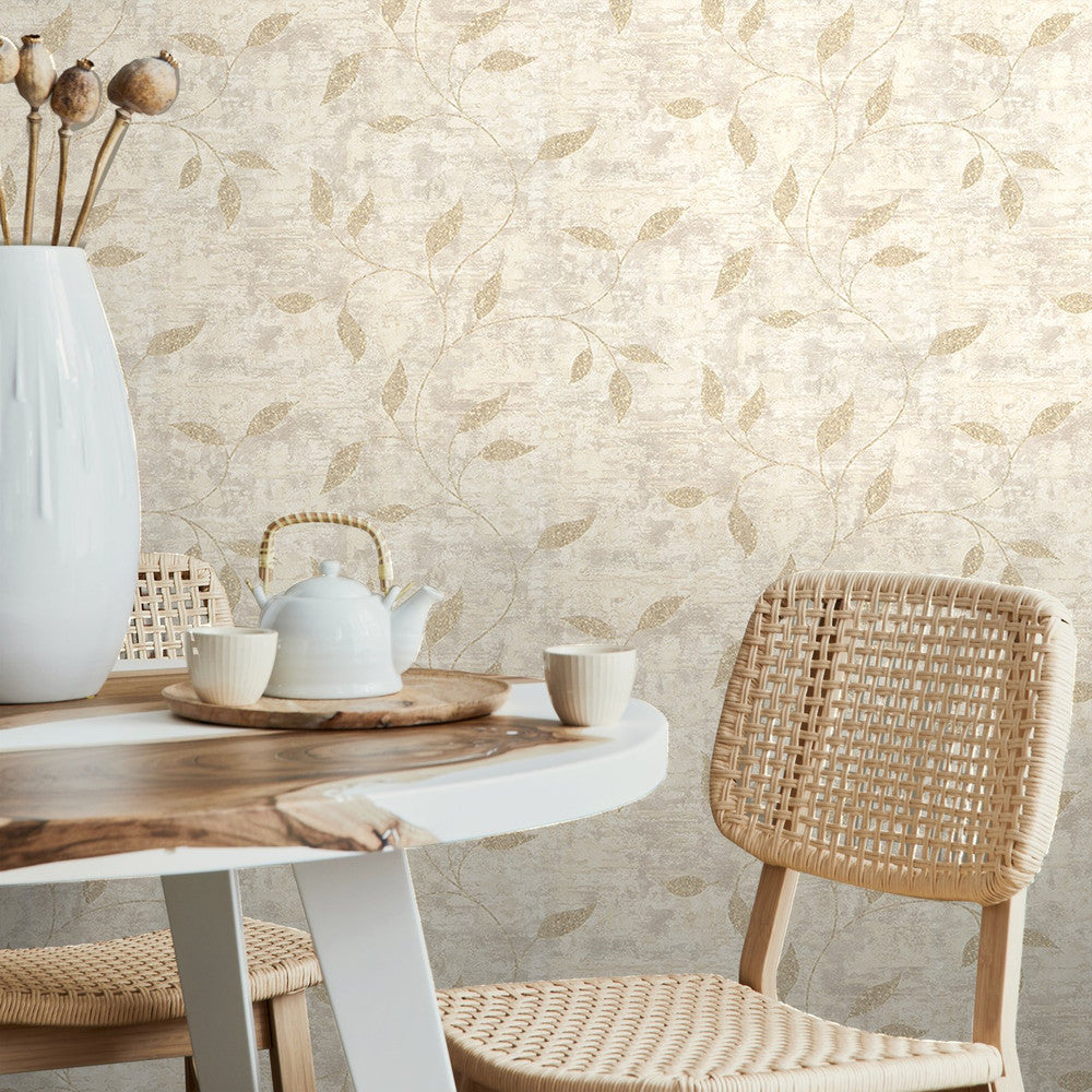 128805 - Ornamental Leaf Wallpaper - Cream - Boutique Luxury