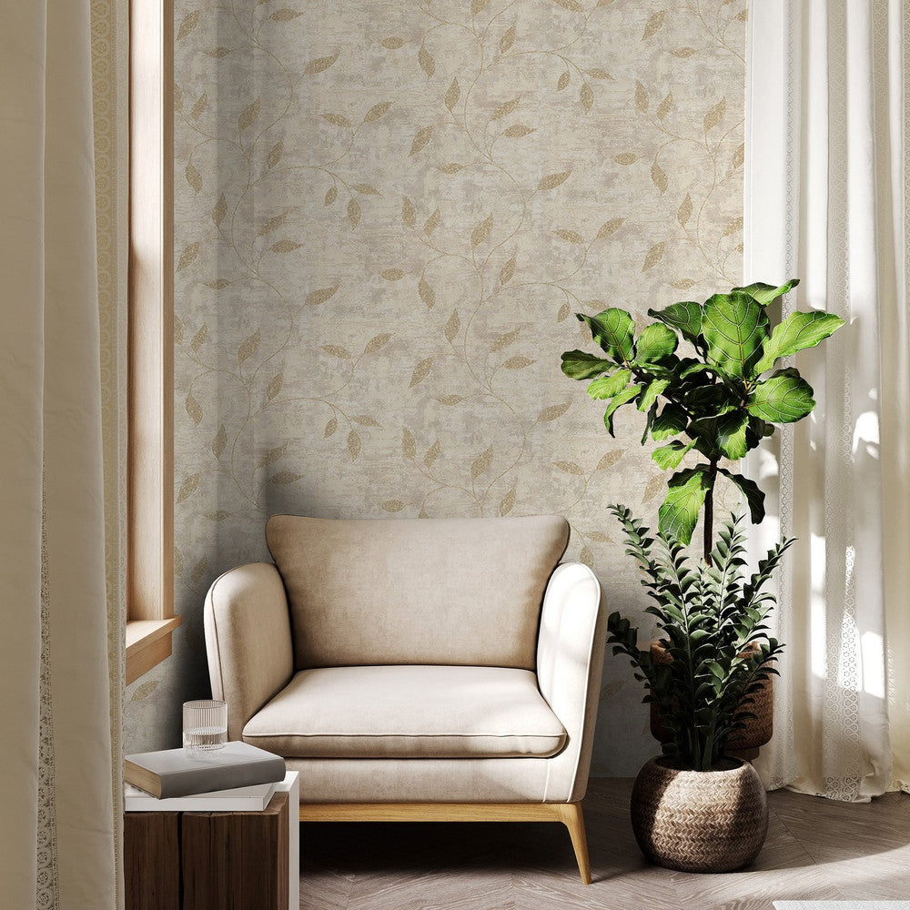 128805 - Ornamental Leaf Wallpaper - Cream - Boutique Luxury