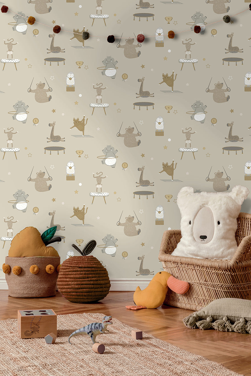 13240 - Animal Gymnastics Wallpaper - Beige - Holden Decor
