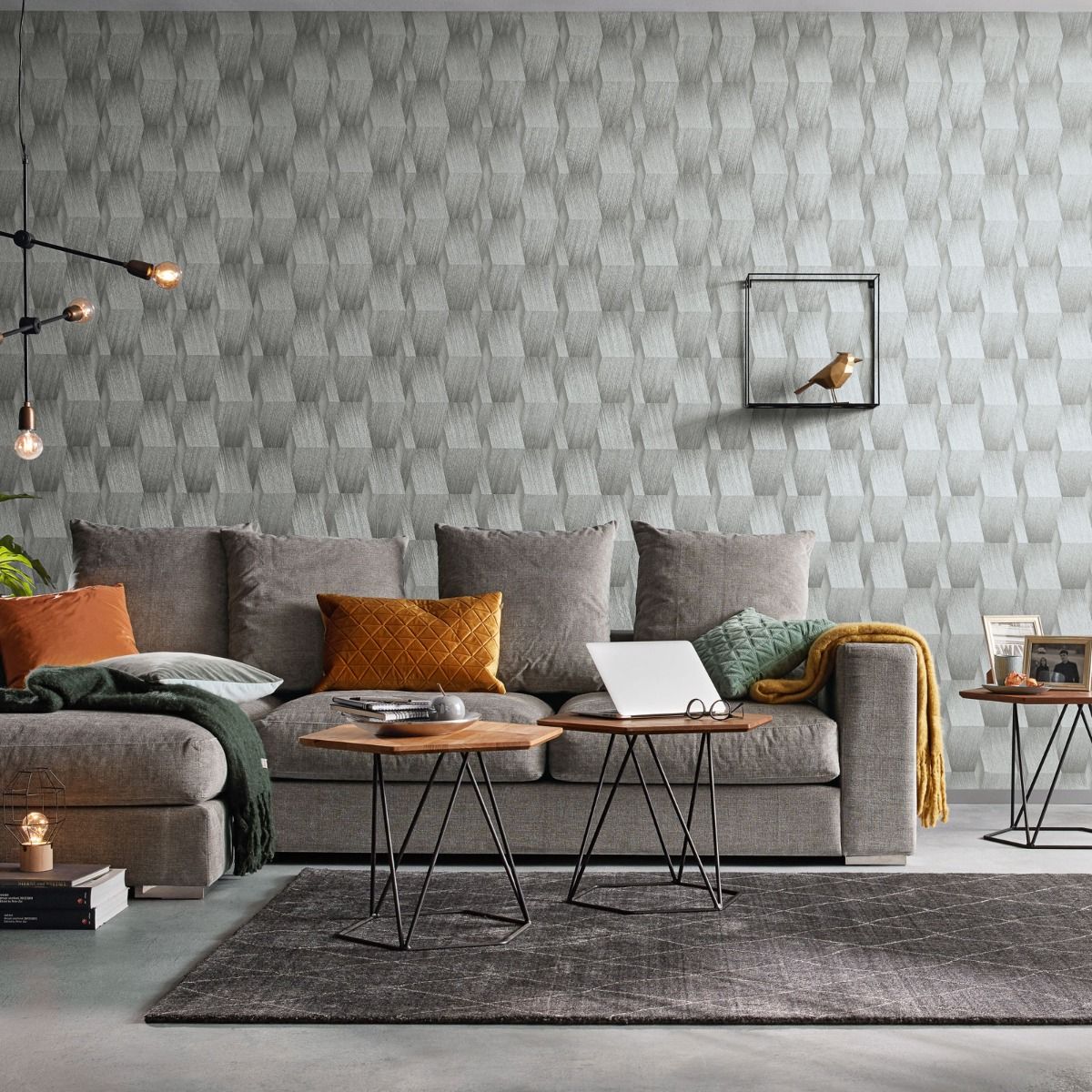 3D Effect Geometric Wallpaper - Grey - Erismann