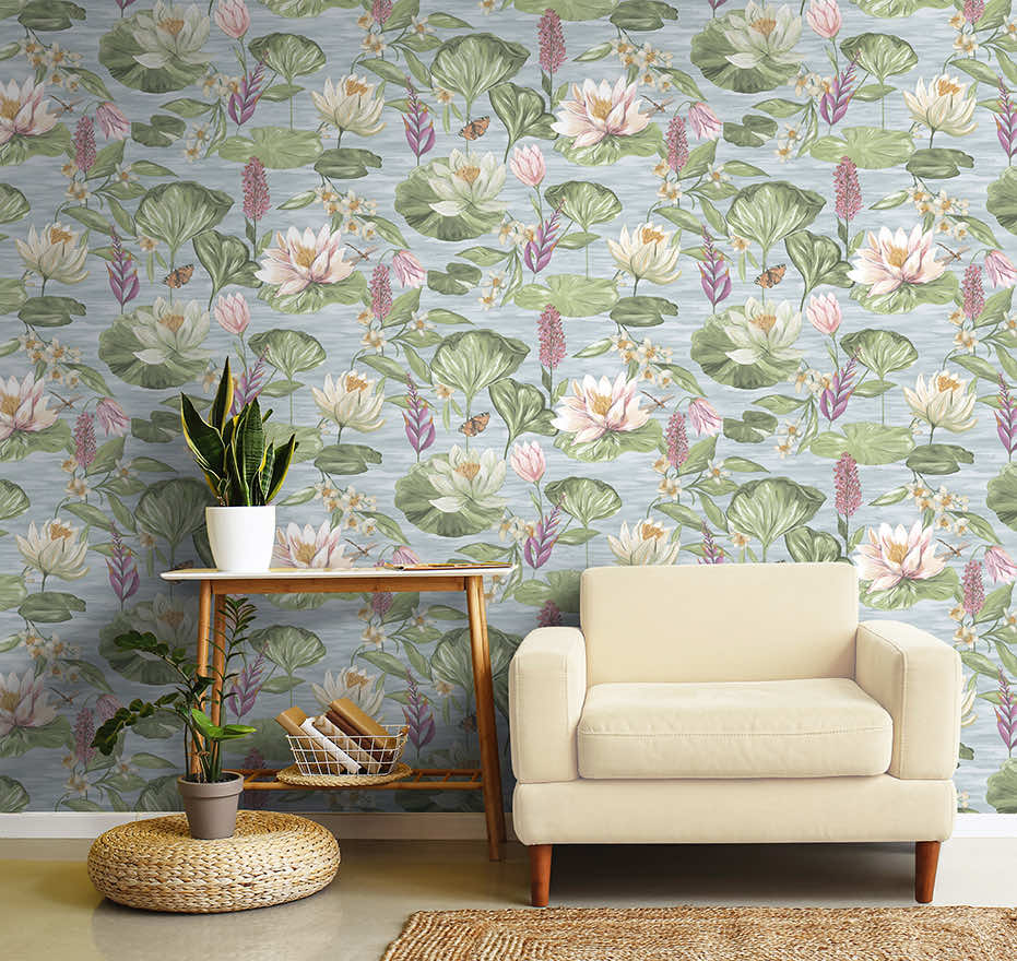 91640 - Water Lily Wallpaper - Blue - Holden Decor