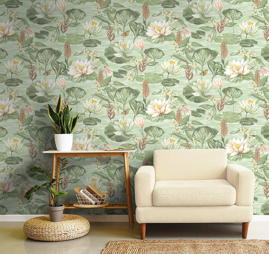 91641 - Water Lily Wallpaper - Green - Holden Decor