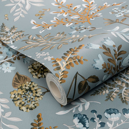 Abode Cottage Floral Leaves Wallpaper - Duck Egg / Multi - Erismann