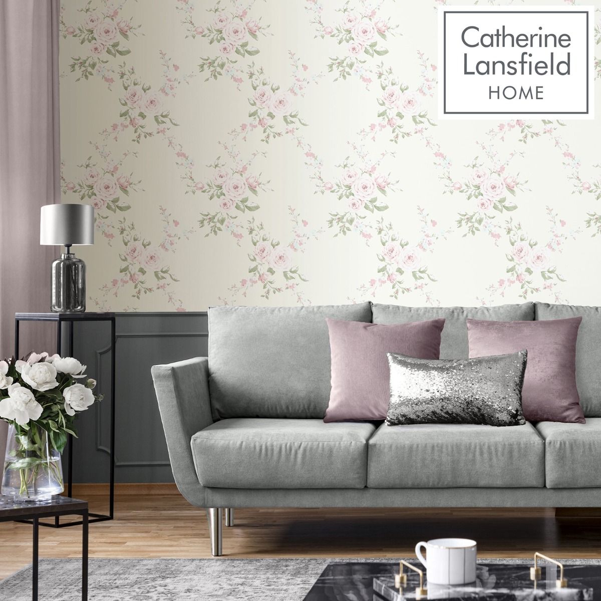 Canterbury Floral Wallpaper - Cream/Pink - Muriva