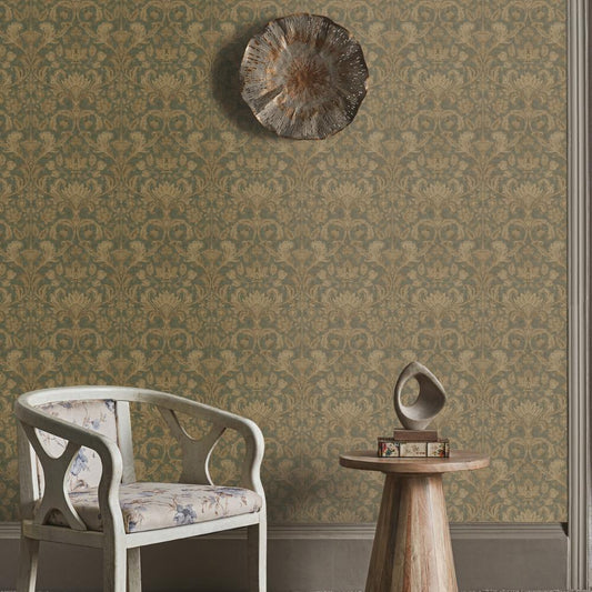 DWP0354-01 - Elegance Damask Wallpaper - Green / Beige - Galerie