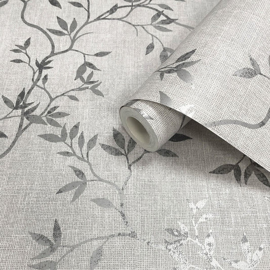Darcy James Collection Japandi Leaf Wallpaper - Grey - Muriva