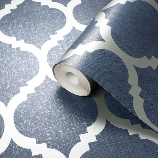 Darcy James Collection Zara Trellis Wallpaper - Blue/Silver - Muriva