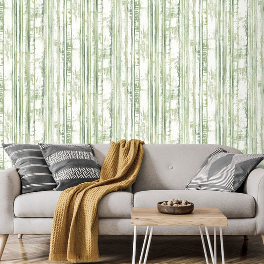 Eden Distressed Stripe Wallpaper - Green - Muriva