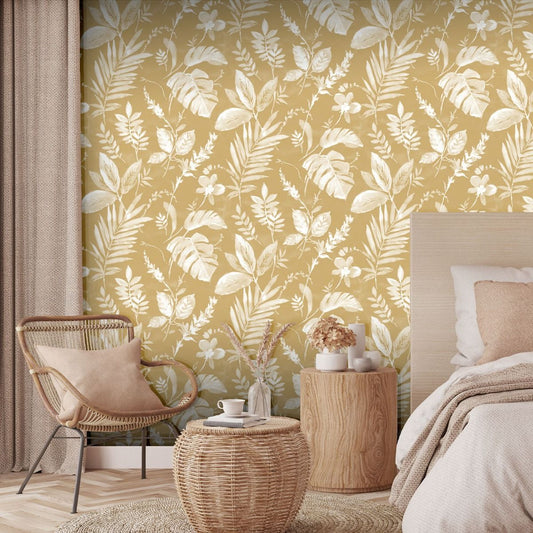 Eden Tane Leaf Wallpaper - Mustard - Muriva