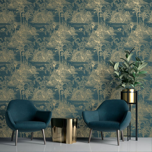 Eden Tropical Toile Wallpaper - Blue & Gold - Muriva
