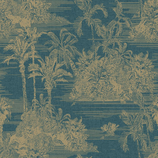 Eden Tropical Toile Wallpaper - Blue & Gold - Muriva