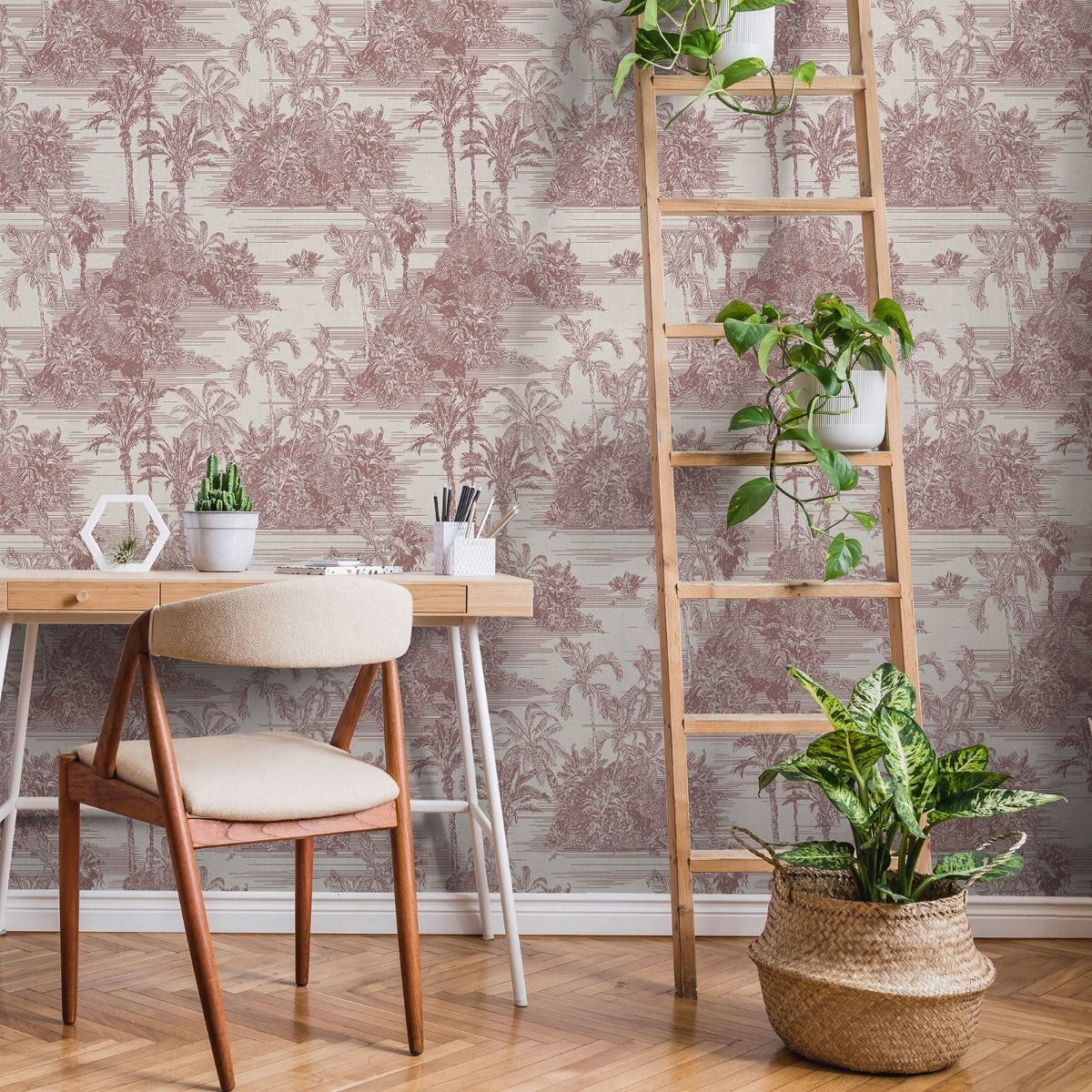 Eden Tropical Toile Wallpaper - Red - Muriva