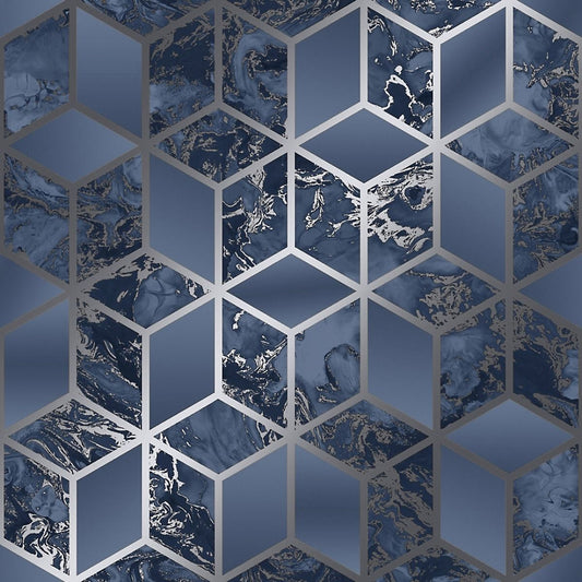 Elixir Cube Marble Wallpaper - Navy / Silver - Muriva