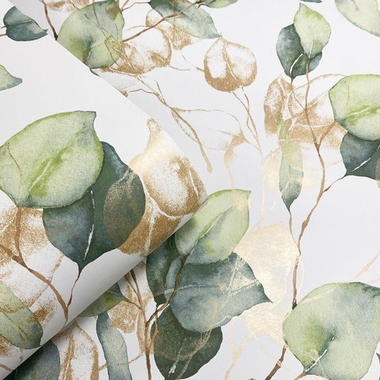 Eucalyptus Leaves Wallpaper - Green/Gold - Muriva
