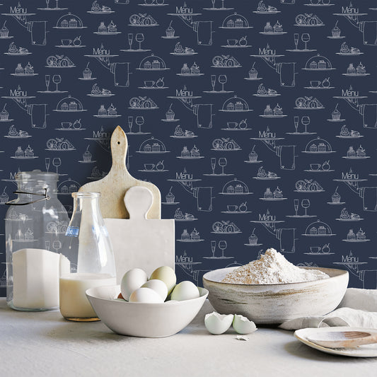 G45407 - Just Kitchens Chalkboard Menu Wallpaper - Navy - Galerie