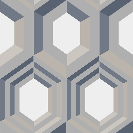 Galactik Hexagon Wallpaper - Cream & Blue - Muriva