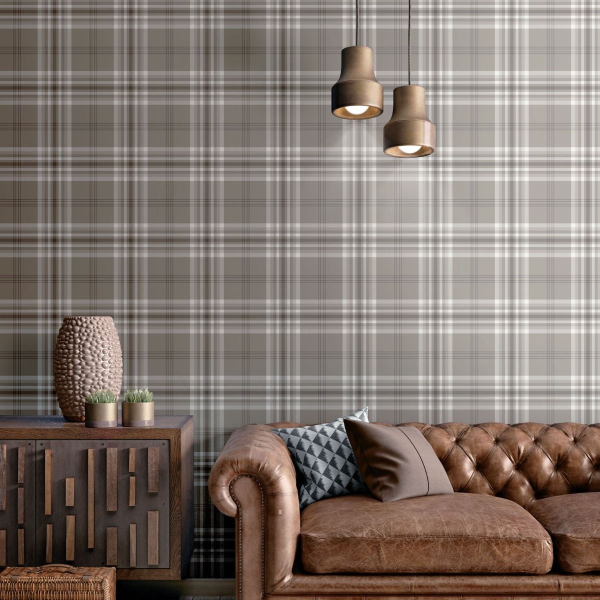 Kelso Check Wallpaper - Mushroom - Muriva