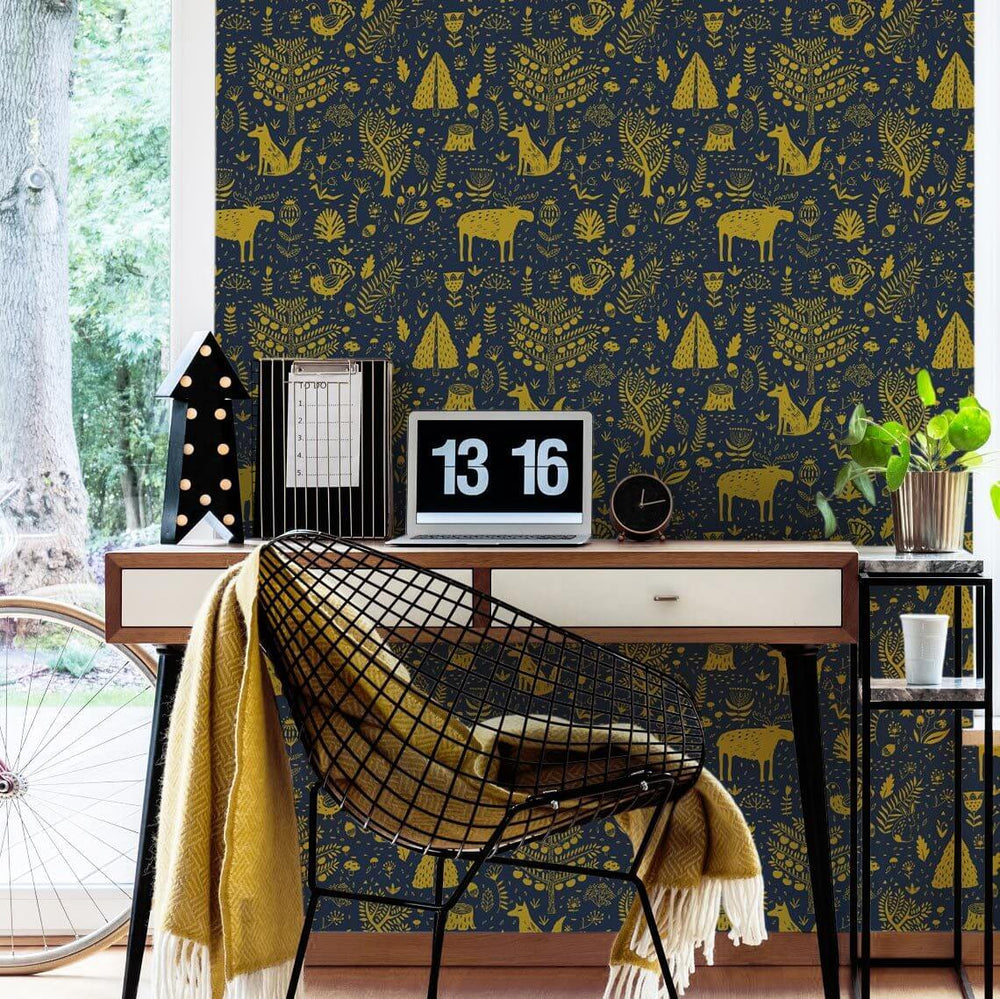 LH900044 - Moose in The Hoose Wallpaper - Midnight Blue & Mustard - Lust Home