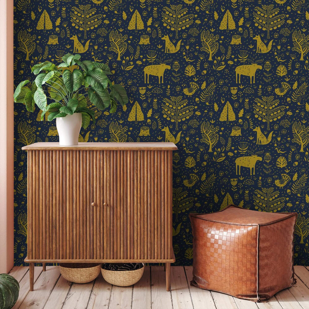 LH900044 - Moose in The Hoose Wallpaper - Midnight Blue & Mustard - Lust Home