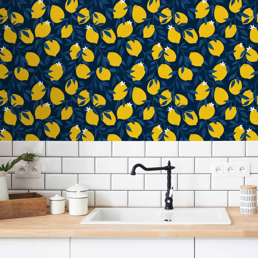 LH900069 - Freshly Squeezed Wallpaper - Midnight Blue & Lemon Yellow - Lust Home