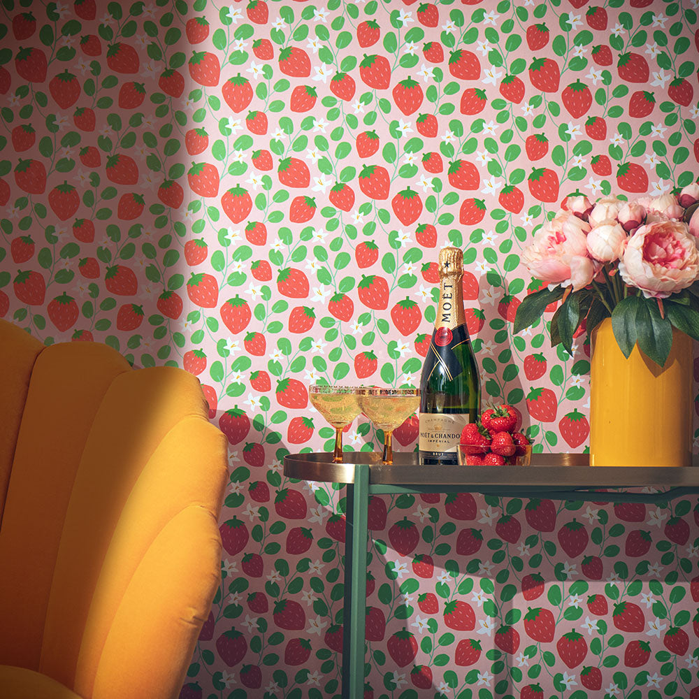 LH900345 - Strawberry Fields Forever Wallpaper - Peach, Strawberry Red & Field Green - Lust Home